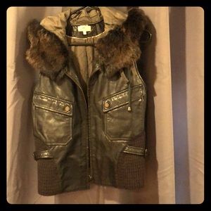 Real leather vest with removable fur-lined hood